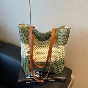 Damen Stroh Gewebte Tragetasche Große Kapazität Gestreifte Hohl Schultertasche Mit Quaste Holzperle Urlaub Lässig
