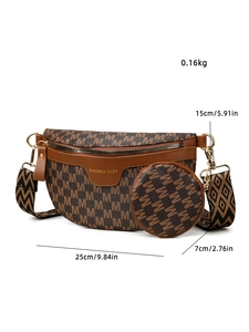 Vue détaillée du sac de poitrine marron à monogramme avec dimensions 25x15x7cm et porte-monnaie