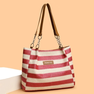 Striped Straw Woven Tote Bag Large Capacity Casual Shoulder Bag With Chain Leather Strap For Women Travel Beach