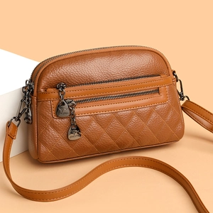 Crossbody Bag Women PU Leather Litchi Texture Quilted Rhombus Multi Zipper Layers Daily Elegant Fashion Shoulder Bag