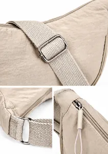 Dettaglio borsa a tracolla in nylon con fibbia in metallo regolabile e cerniera robusta