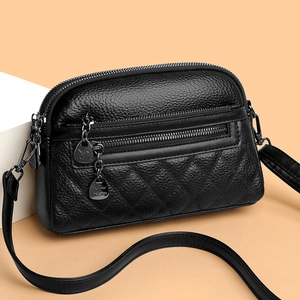 Elegant black leather shoulder bag for middle-aged women with multi-layer zipper and texture