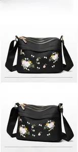 Detailed macro view of the floral embroidery and triple-zipper design on nylon shoulder bag