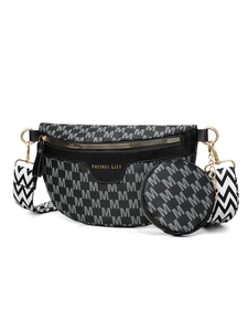 Détail du sac bandoulière avec motif monogramme et petit porte-monnaie rond
