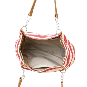 Straw woven tote bag with red and white stripes showing spacious interior and zip closure