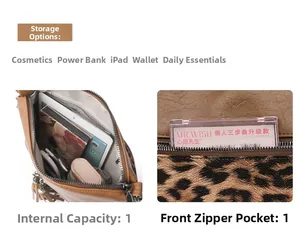Détail du sac léopard montrant la capacité intérieure et les pompons en cuir