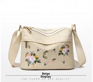 Detail of floral embroidery and dual zippers on the off-white nylon crossbody bag