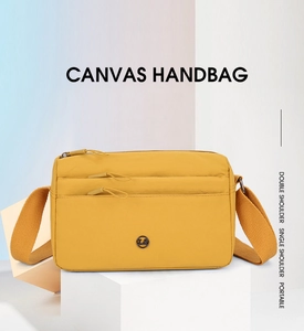 Detailansicht der gelben Canvas-Handtasche mit Reißverschlüssen und breitem Gurt