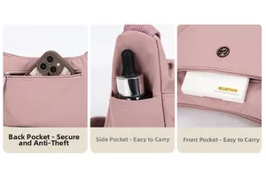 Détails du sac bandoulière en nylon rose montrant la poche antivol et la poche latérale