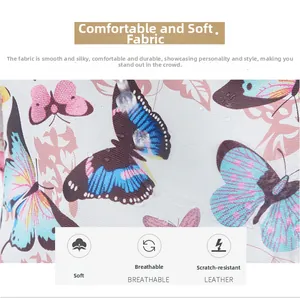 Close-up of waterproof butterfly floral print on white faux leather shoulder bag