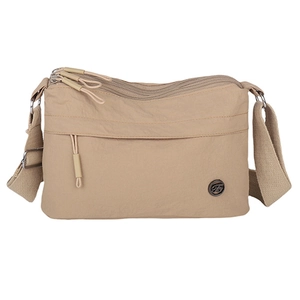 Waterproof khaki nylon crossbody bag with multi-zipper compartments and adjustable strap