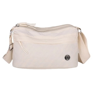 Waterproof off-white nylon crossbody bag with multi-layer zippers and adjustable strap