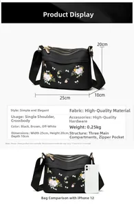 Detailed size chart for nylon crossbody bag showing 25x20x10cm dimensions and features