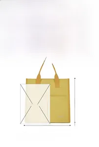 Detailed size chart for yellow canvas tote bag showing interior multi-pocket structure