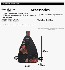 Detailed view of black waterproof oxford backpack with dimensions and embroidery details