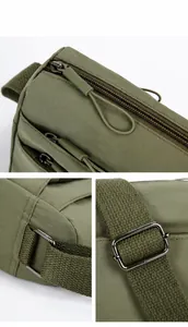 Nahaufnahme der olivgrünen Nylontasche mit robusten Metallreißverschlüssen und Trägern