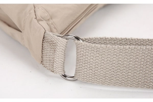 Dettaglio della borsa a tracolla in nylon con anello metallico e cuciture rifinite
