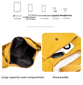 Detail of yellow nylon crossbody bag showing spacious interior for iPad and essentials