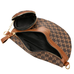 Sac de poitrine marron avec motif monogramme et petit porte-monnaie rond à chaîne