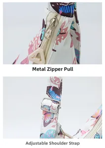 Detail of floral canvas bag featuring a metal zipper pull and adjustable shoulder strap