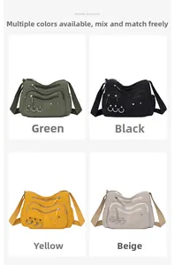 Detailed view of casual crossbody bags in green, black, yellow, and beige color options
