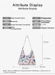 Detailed dimensions and attribute chart for butterfly print shoulder bag with zipper