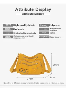 Detailed size specifications of the yellow nylon crossbody bag with functional multi-pockets