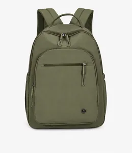 Front view of olive green lightweight outdoor backpack with waterproof nylon fabric