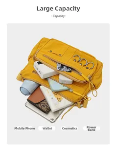Macro view of yellow nylon crossbody bag with spacious compartments for daily essentials