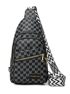 Detail of crossbody bag featuring M letter print and golden Perfect Lily brand plate