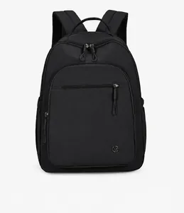 Front view of black lightweight waterproof nylon casual backpack with durable zippers