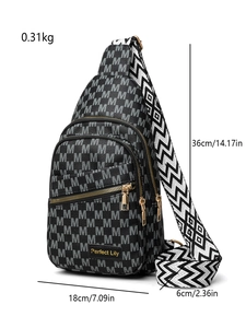 Detail of crossbody chest bag with M-letter jacquard and bohemian wave strap