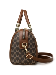 Detail view of the brown Boston bag with M-pattern print and gold hardware buckles