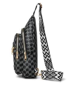 Detail of crossbody chest bag featuring dual gold zippers and geometric patterned strap