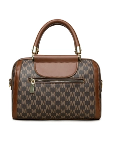 Detail of brown Boston handbag showing golden zipper and M-pattern textured leather