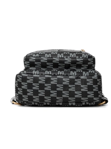 Detailed macro view of black crossbody bag with grey M monogram pattern and gold hardware