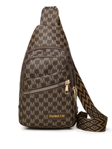 Detail of dark brown crossbody bag with letter print and patterned fabric strap