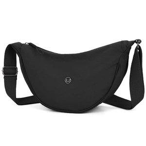 Elegante borsa a tracolla a mezzaluna in nylon nero con tracolla regolabile