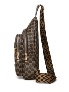 Detail of dark brown monogram chest bag showing triple zip compartments and jacquard strap