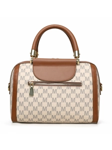 Detail of Boston handbag showing beige M-pattern canvas and brown leather zipper pocket