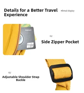 Detail of yellow nylon bag featuring side zipper pocket and adjustable strap buckle