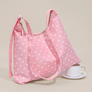 Pink polka dot shoulder tote bag with adjustable strap for daily casual commuting