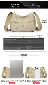 Detailed view of beige nylon crossbody bag dimensions 25x12x18.5cm with multiple pockets