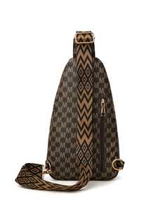Detail of dark brown crossbody chest bag with monogram print and textured geometric strap