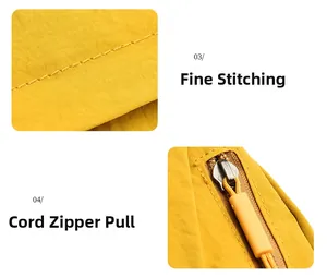 Detail of high-density fine stitching and cord zipper pull on yellow oxford cloth bag