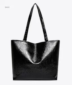 Detailed back view of a black crocodile pattern tote bag with polished texture