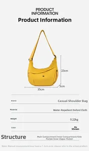 Detailed sizing chart and material specs for the yellow waterproof oxford tote bag