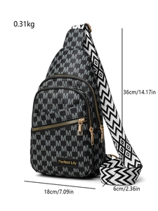 Detail view of fashion sling bag with M-pattern print and precise size dimensions