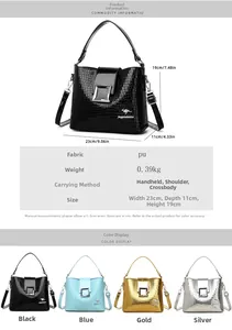 Detail showing PU leather bucket bag dimensions 23x11x19cm and crocodile texture material