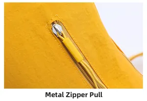 Close-up of durable metal zipper puller on bright yellow nylon shoulder bag detail